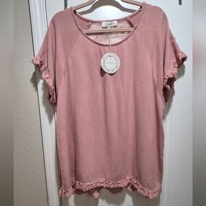 Umgee+ Blush Pink Linen Blend Top Lace Back XL Boho Chic NWT